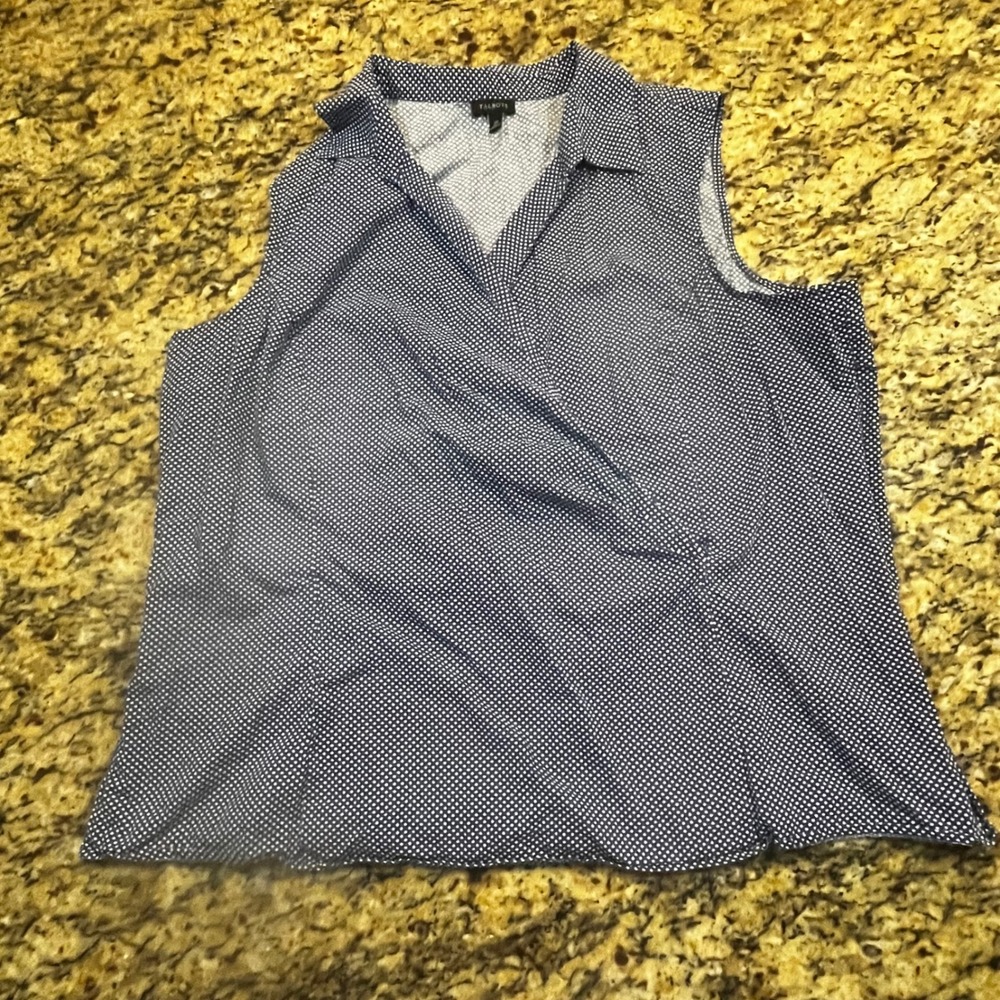 Talbots Womens Navy Blue White Polka Dot Faux Wrap Sleeveless Blouse Top Size 20